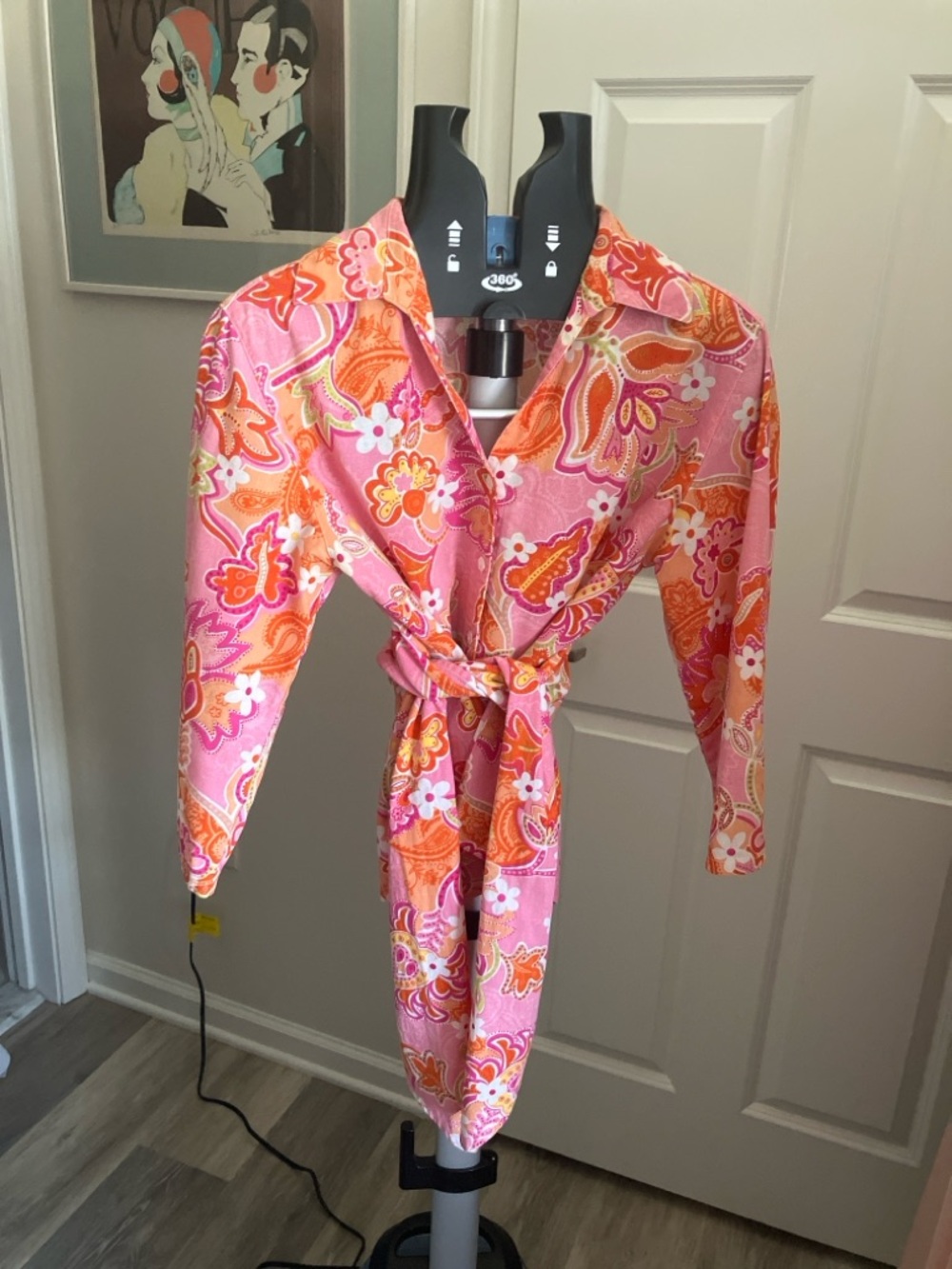 Oleg Cassini Weekend Y2K Pink Orange Floral Top Linen Tie Waist Size M